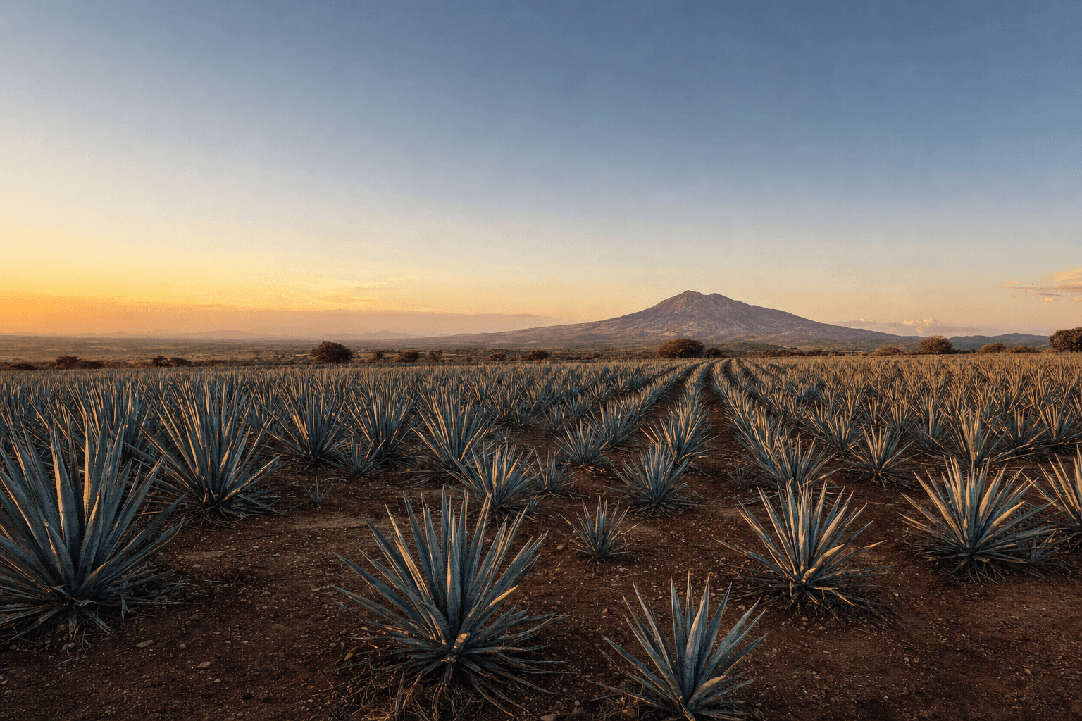 Campo de agave azul en Jalisco al atardecer