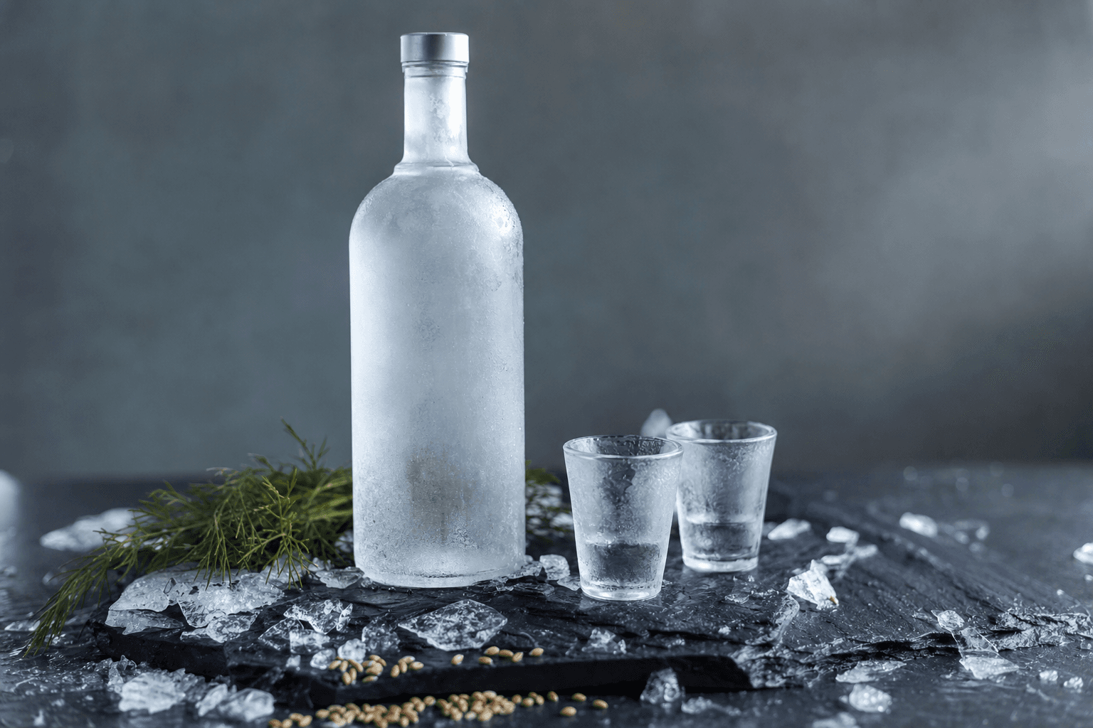 Botella de vodka escarchada con dos vasos de chupito helados sobre pizarra