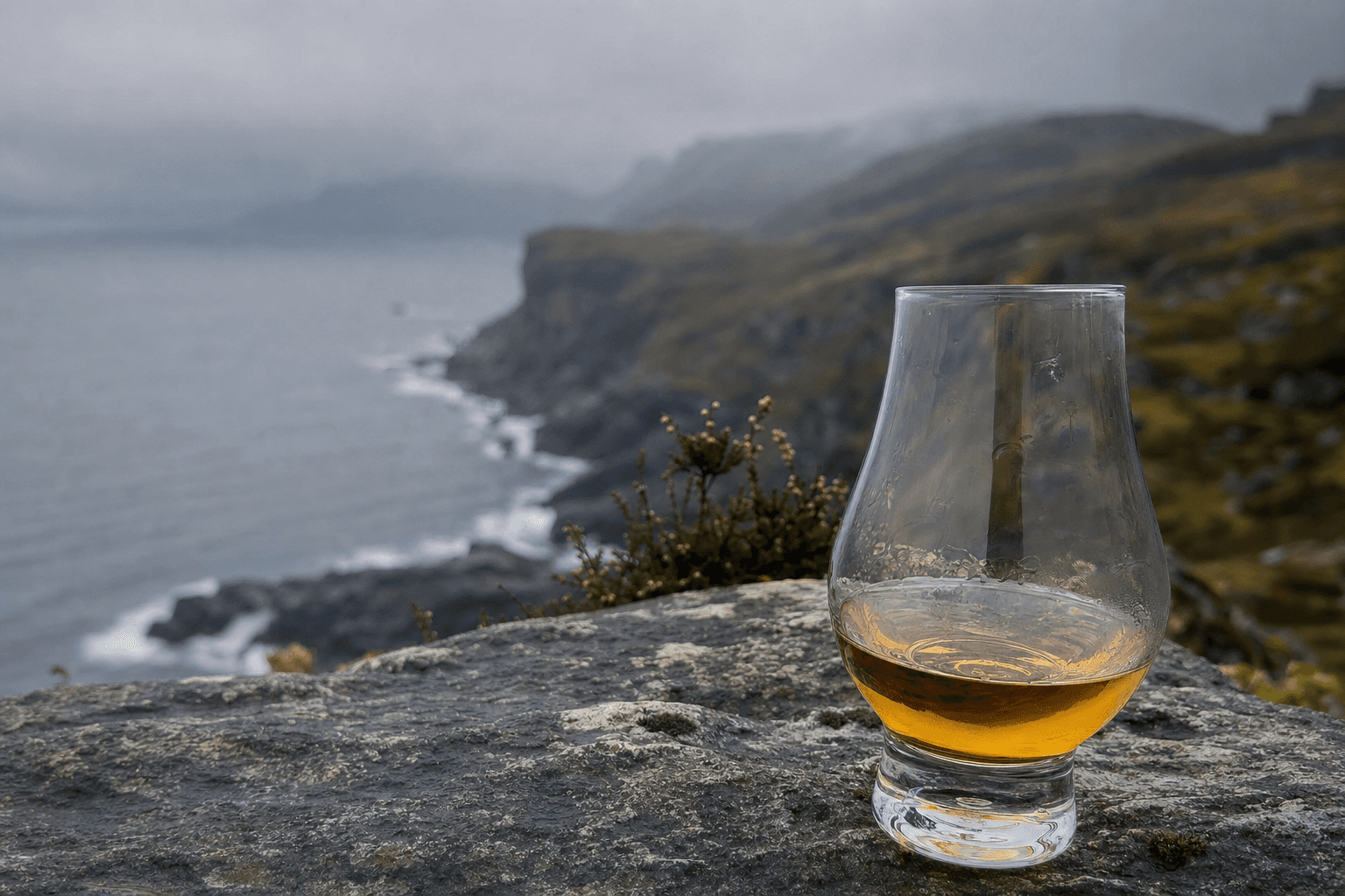 Vaso de whisky escocés sobre piedra húmeda con la costa de Escocia al fondo