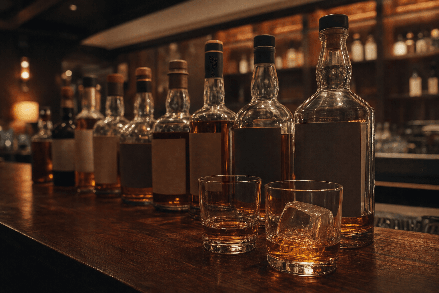 Botellas de whisky y dos vasos servidos sobre una barra de nogal con luz cálida