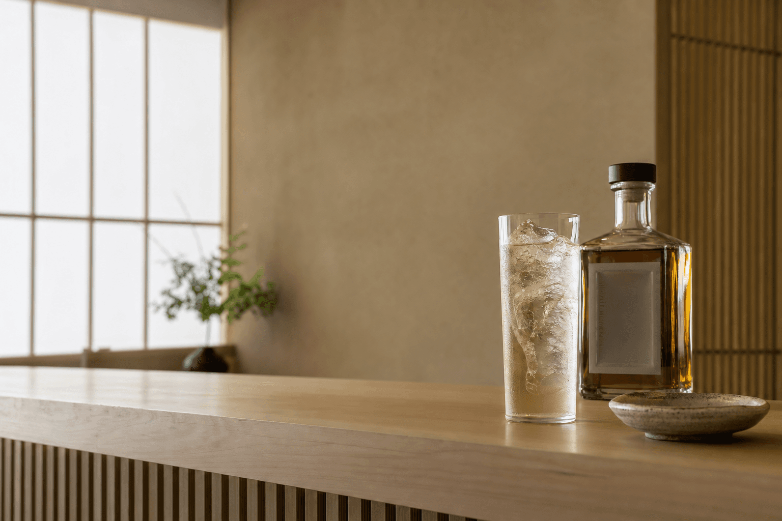 Highball de whisky japonés con hielo transparente sobre barra minimalista de madera clara