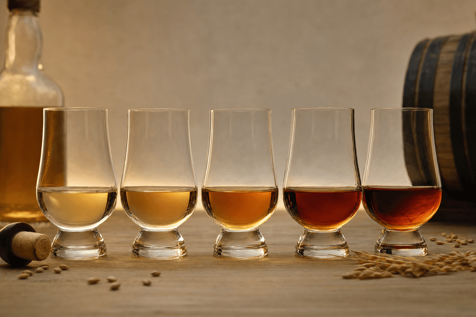 Cinco vasos de cata de whisky con distintos tonos de ámbar en fila