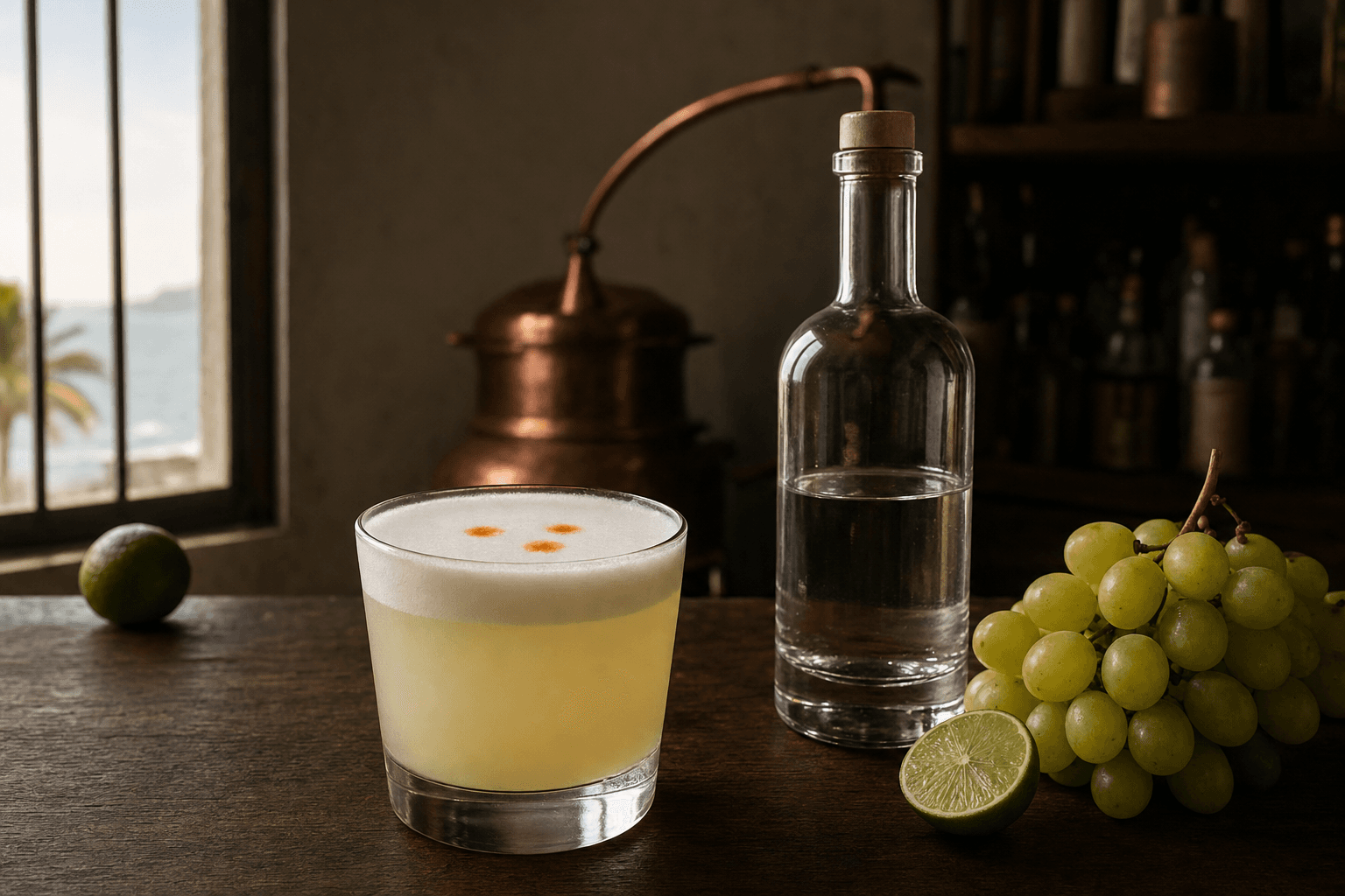 Pisco sour con su espuma y gotas de amargo junto a una botella de pisco y uvas frescas