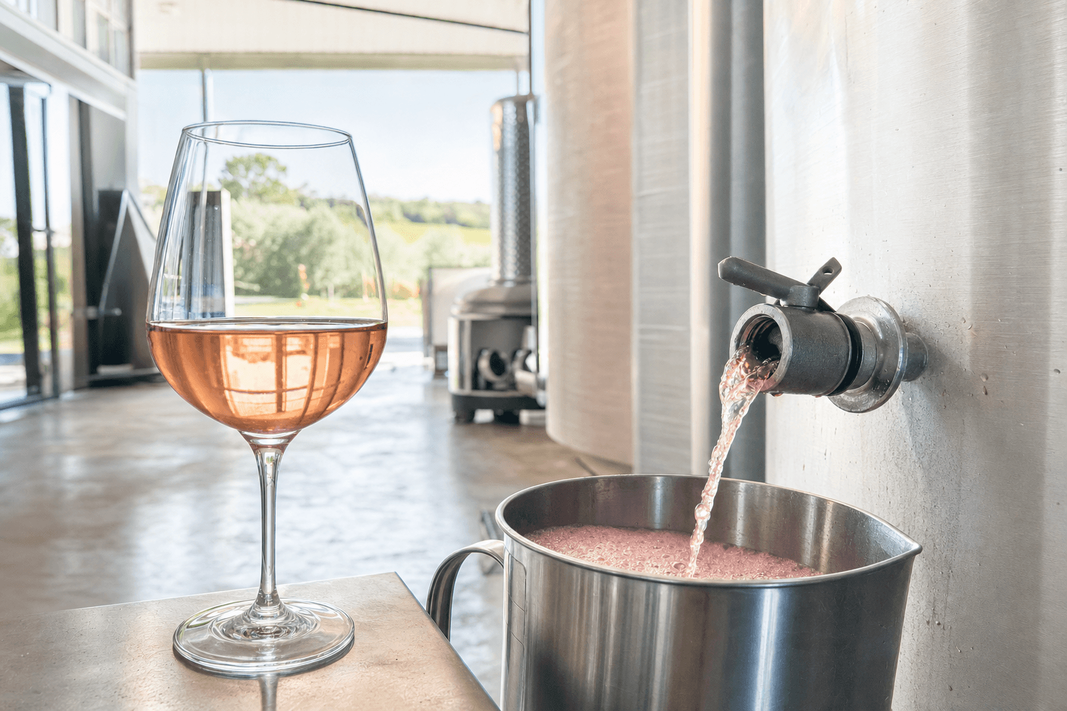 Copa de vino rosado pálido junto a mosto recién sangrado en una bodega luminosa