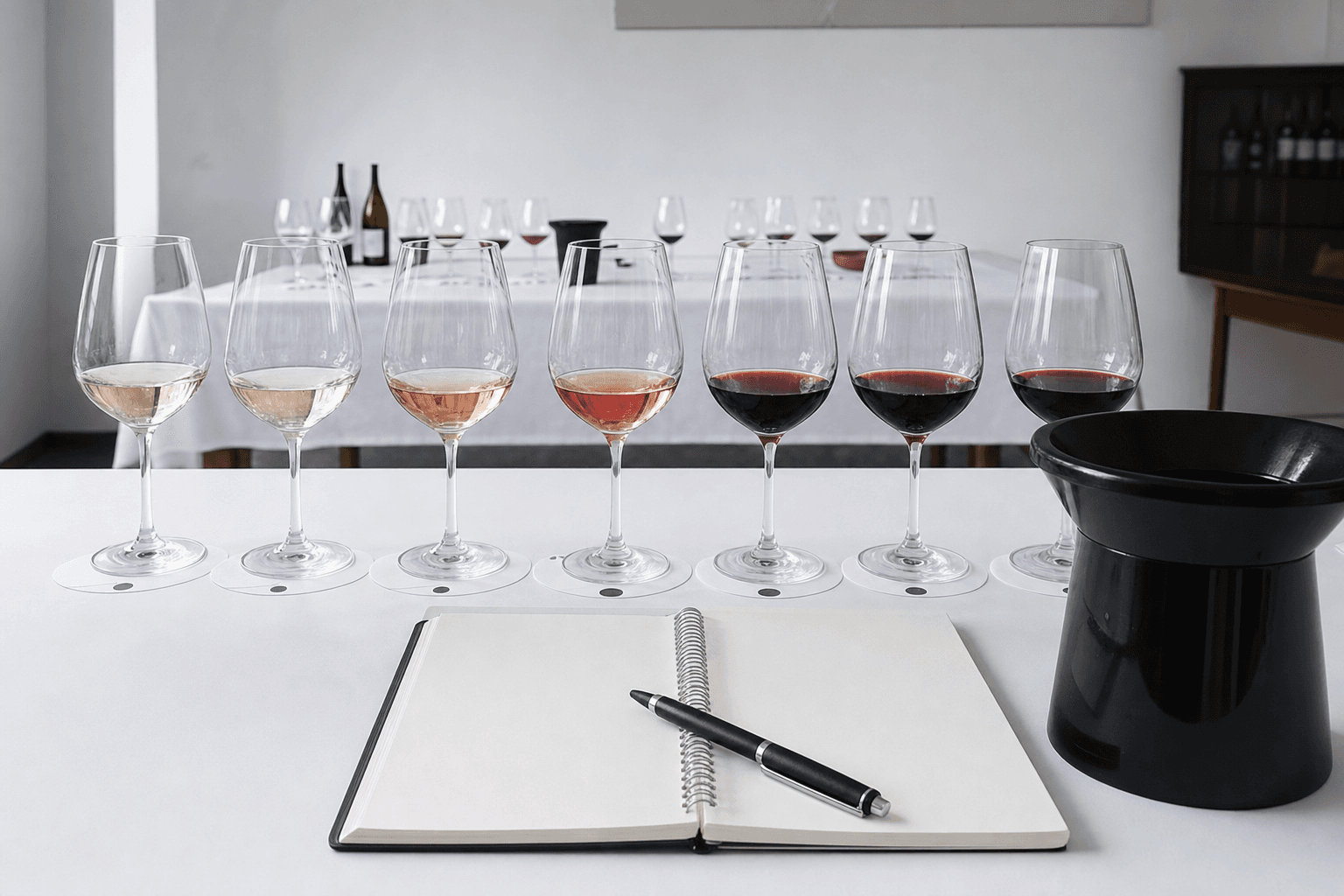 Fila de copas de cata numeradas con vinos de distintos colores y un cuaderno de notas