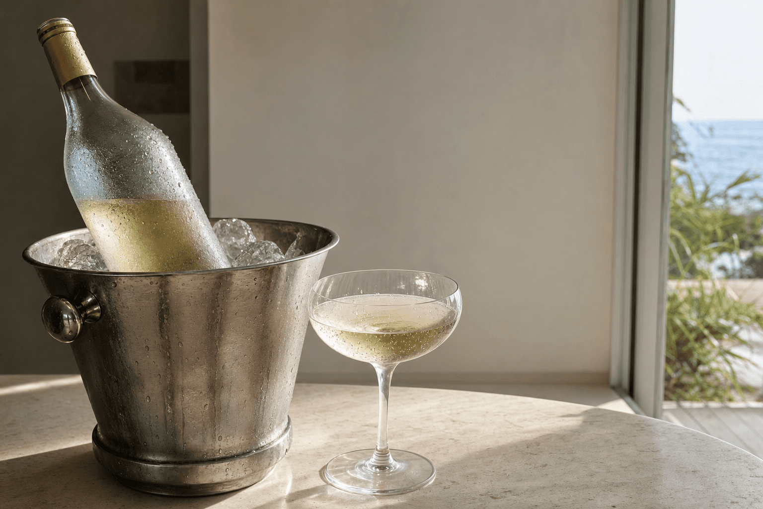 Botella de vino blanco frizzante en cubitera, copa con burbujas