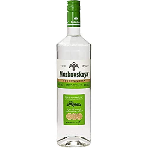 Moskovskaya Osobaya Vodka - 100cl (1000ml / 1 L) - 38% Vol. - Destilada con ingredientes naturales - Ideal para cócteles, chupitos o con hielo - Elaborado en Riga, Letonia