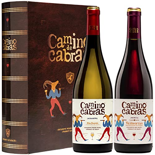 CAMINO DE CABRAS Estuche de vino – Albariño D.O. Rías Baixas Vino blanco + Mencía Crianza D.O. Valdeorras Vino tinto –Producto Gourmet - Vino para regalar - 2 botellas x 750 ml.